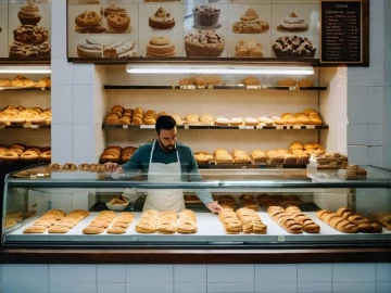 Franquicia de panaderías con panadero atendiendo en mostrador y variedad de panes frescos en exposición